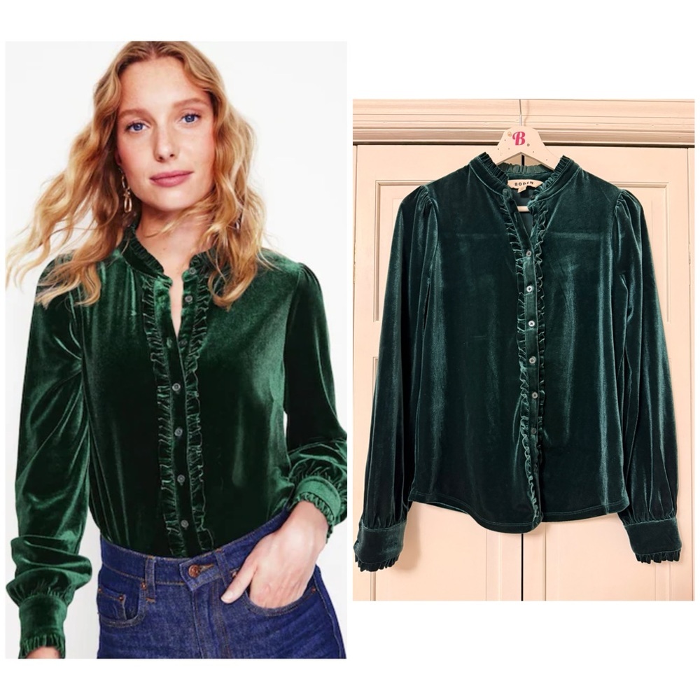 Boden Women's Green Caroline Jersey Velvet
Shirt Button Down Size 4 Party